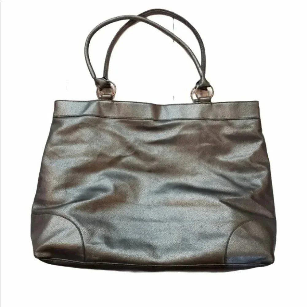 Lancôme‎ Tote Bag Large Metallic Pewter Silver Faux Leather Shoulder Bag